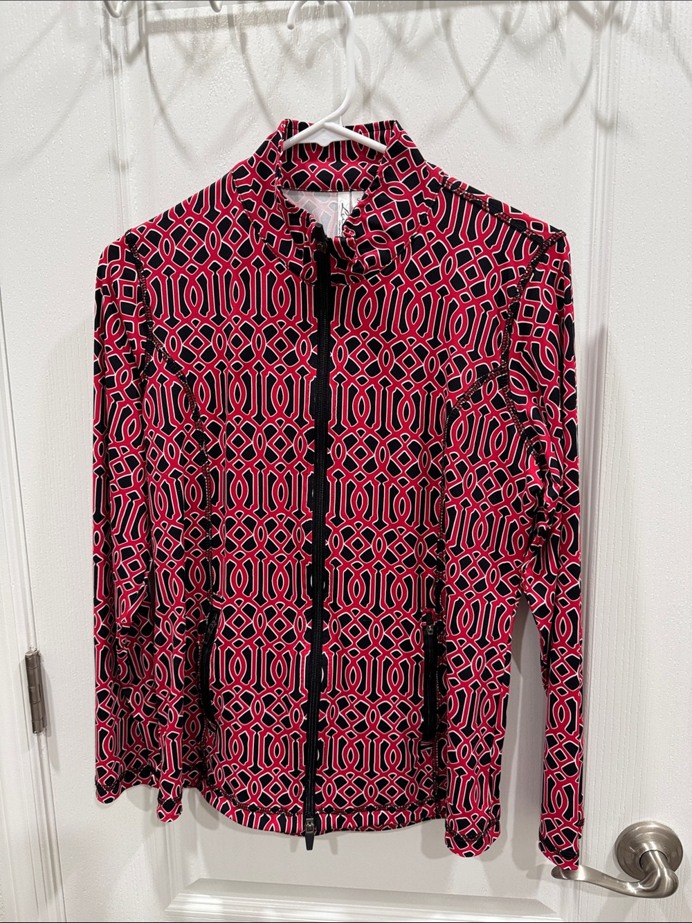 Lulu-B Pink and Black Geometric Zip-Front Long Sleeve Top